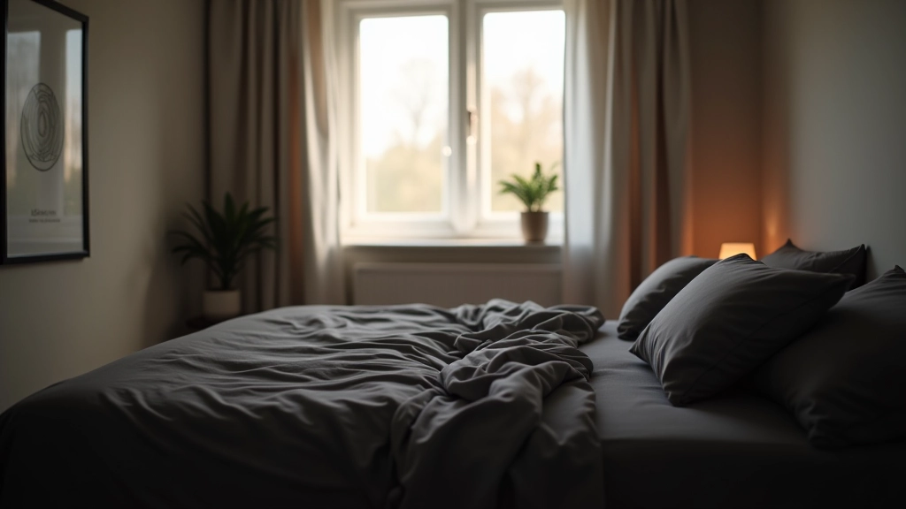 Gemütliches Schlafzimmer mit dunkler Bettdecke und sanftem Licht von Fenster