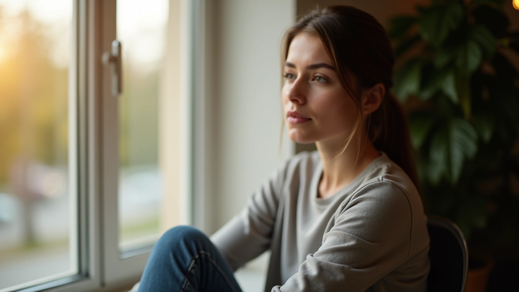 Person mit entspanntem, erleichtertem Gesichtsausdruck schaut aus dem Fenster mit Hoffnung im Blick