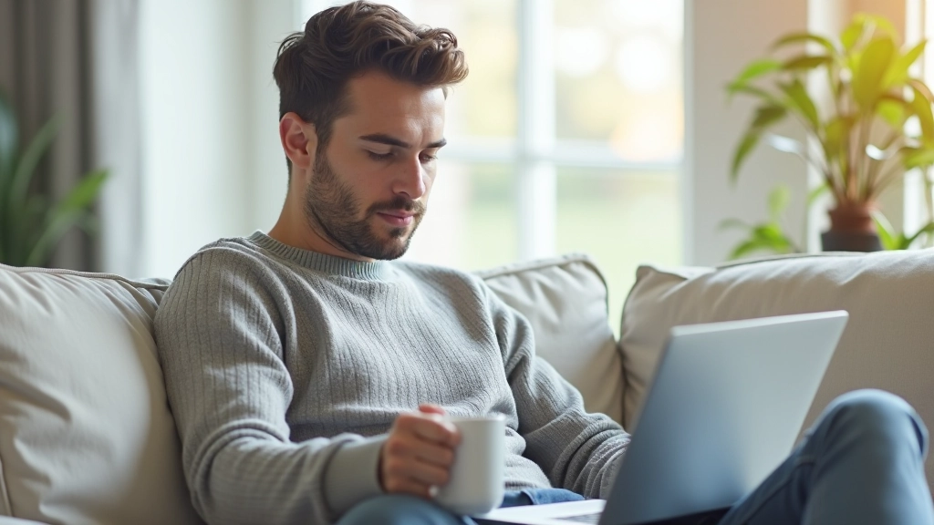 Person sitzt entspannt auf Couch mit Kaffee, schaut auf Laptop und überprüft ihre Finanzen zufrieden