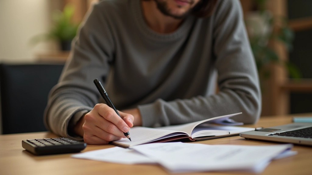 Person schreibt in ein Notizbuch mit Finanzplan und Taschenrechner auf einem hellen Schreibtisch