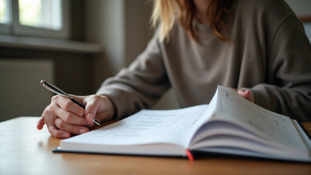 Person hält ein Notizbuch mit Ausgaben und Budget-Übersicht in den Händen, plant Finanzen