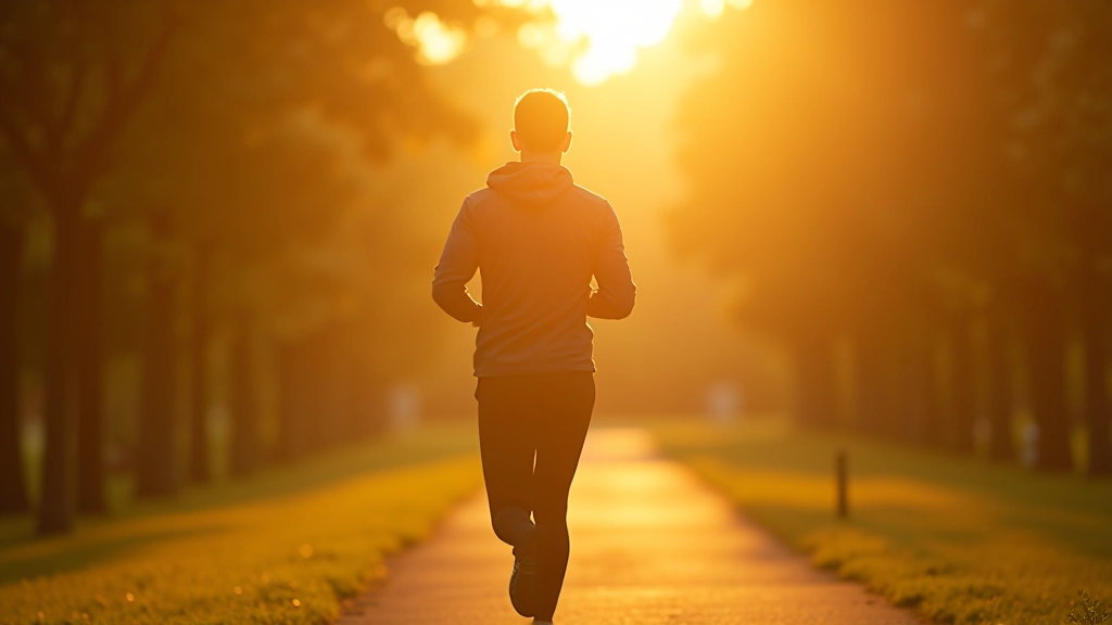 Person joggt durch Park bei Sonnenuntergang mit Bäumen im Hintergrund
