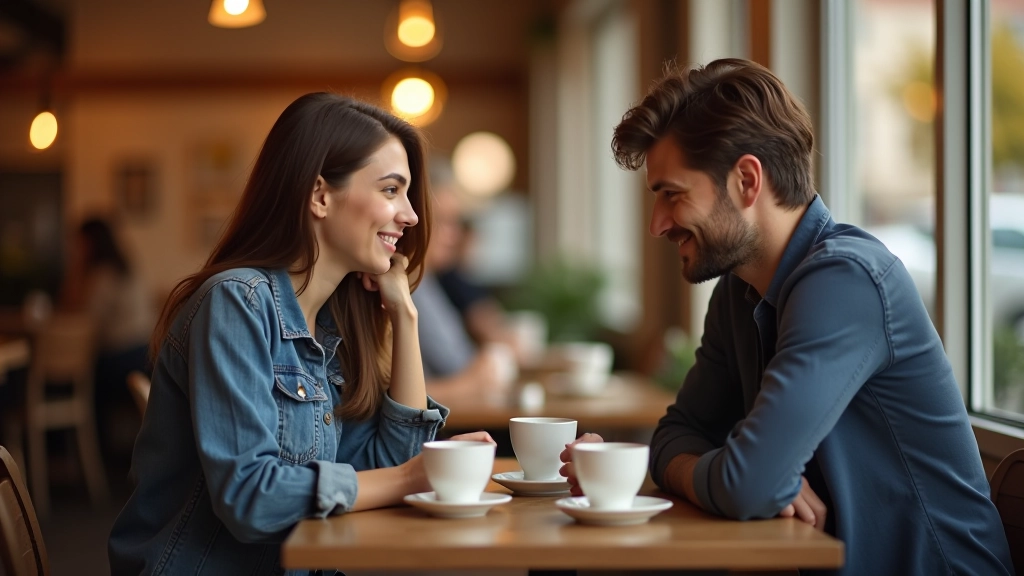 Zwei Personen unterhalten sich bei Kaffee an Tisch im Café