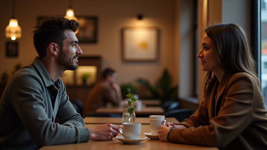 Zwei Menschen in Café sitzen sich gegenüber und führen offenes Gespräch